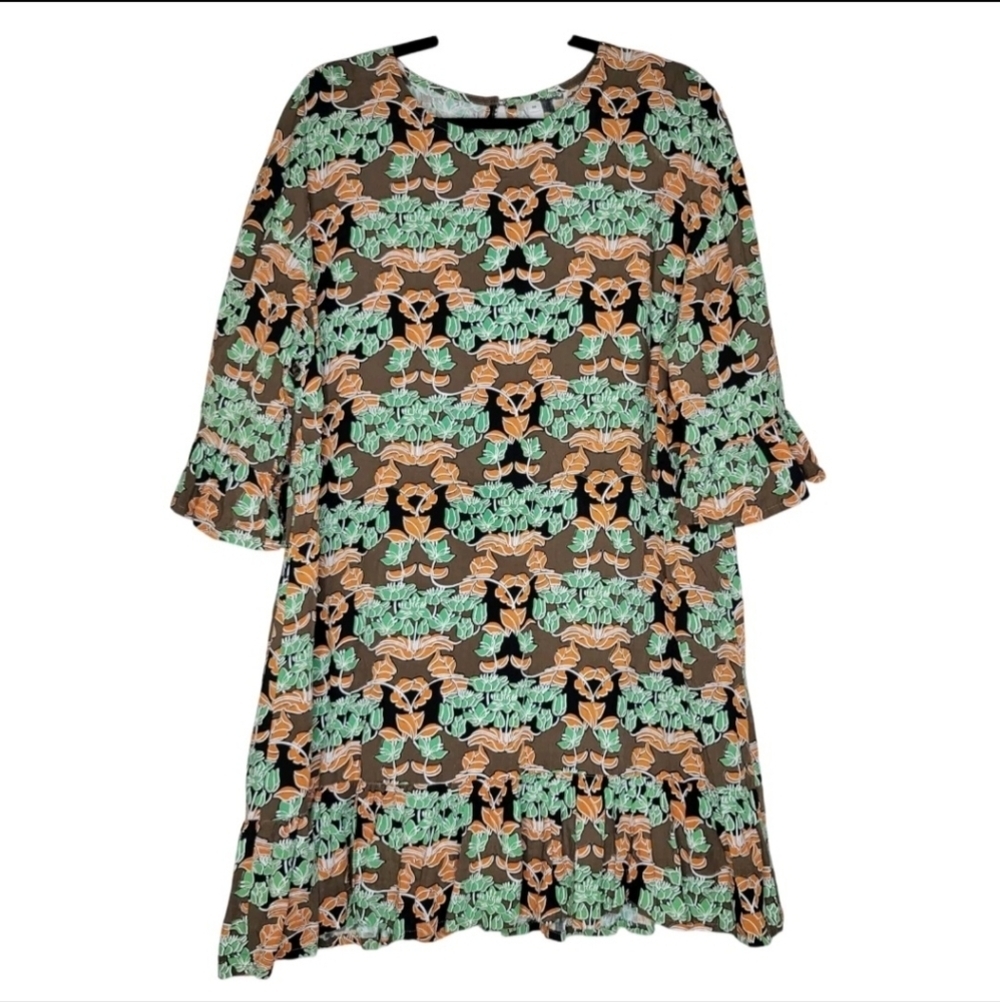 Valija Shift Dress M Multicolor Rayon 3/4 Ruffle Sleeve Hem Mod Retro 60s Belt
